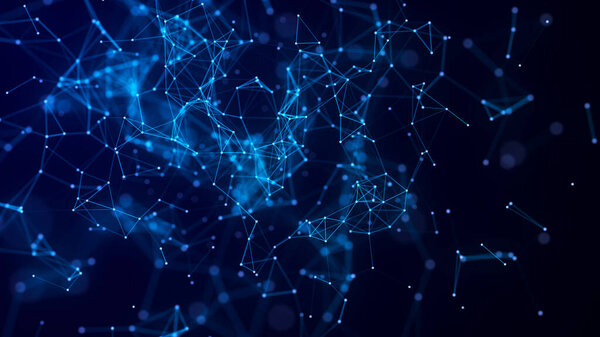 Blue abstract background with connection lines, dots and triangles. Technology network connection. Digital structure of particles. 3D rendering.