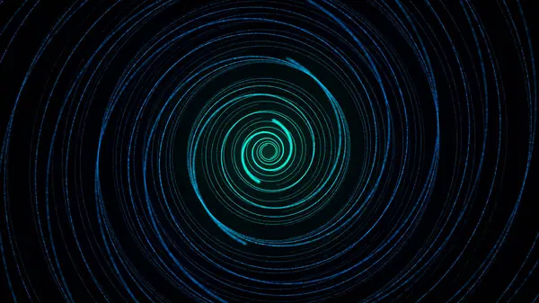 Siyah arka planda mavi ışığı olan soyut bükülmüş daire hız tüneli. Noktalar ve çizgiler spiral şeklinde hareket eden bilim geçmişi. Solucan deliği teknolojisi. Parçacıklı dijital yapı. 3d oluşturma