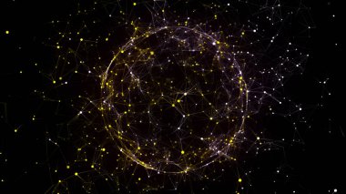 Siyah arkaplanda soyut sarı küre. Parlayan parçacıkları ve çizgileri olan tel çerçeveli daire yapısı. Fütürist dijital illüstrasyon. 3B görüntüleme.