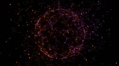 Siyah arka planda soyut ateş kırmızı küresi. Parlayan parçacıkları ve çizgileri olan tel çerçeveli daire yapısı. Fütürist dijital illüstrasyon. 3B görüntüleme.