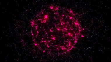 Siyah arka planda soyut pembe küre. Parlayan parçacıkları ve çizgileri olan tel çerçeveli daire yapısı. Fütürist dijital illüstrasyon. 3B görüntüleme.