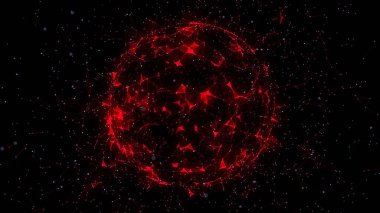 Siyah arka planda soyut ateş kırmızı küresi. Parlayan parçacıkları ve çizgileri olan tel çerçeveli daire yapısı. Fütürist dijital illüstrasyon. 3B görüntüleme.