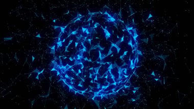 Siyah arkaplanda soyut mavi küre. Parlayan parçacıkları ve çizgileri olan tel çerçeveli daire yapısı. Fütürist dijital illüstrasyon. 3B görüntüleme.