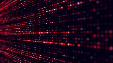 Siyah zemin üzerinde ışık olan kırmızı noktaların soyut yapısı. Hareket eden parçacıklarla bilim arkaplanı. Büyük verilerin dijital transferi. 3d oluşturma.