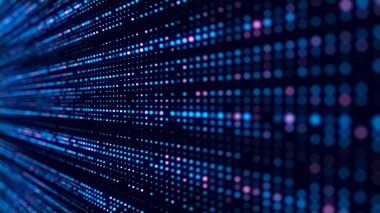 Siyah zemin üzerinde ışık olan mavi noktaların soyut yapısı. Hareket eden parçacıklarla bilim arkaplanı. Büyük verilerin dijital transferi. 3d oluşturma.