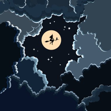 Cadılar Bayramı 'nda gökyüzünde siyah bir zemin üzerinde süpürgeyle gezen bir cadının ve uydulu bulutların resmi.