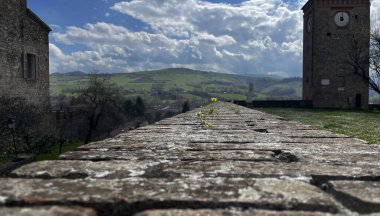 Arka planda kulesi olan eski bir taş duvarın dikey görüntüsü.