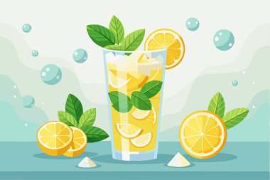 Kamışlı bir bardaktaki limonlu buzlu içeceğin vektör görüntüsü