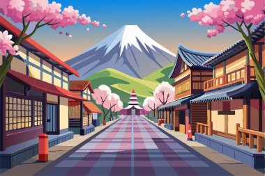 Japonya 'dan Fujiyama ve kiraz manzaralı bir kartpostal.