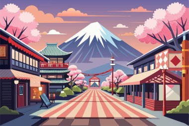 Japonya 'dan Fujiyama ve kiraz manzaralı bir kartpostal.