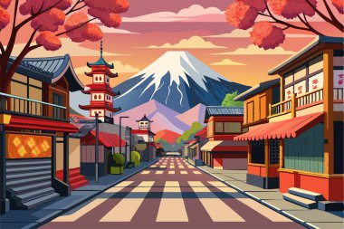 Japonya 'dan Fujiyama ve kiraz manzaralı bir kartpostal.