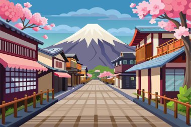 Japonya 'dan Fujiyama ve kiraz manzaralı bir kartpostal.