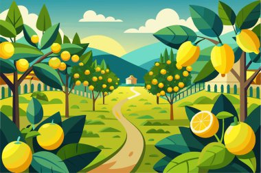 Fruit orchard in summer, vector illustration clipart