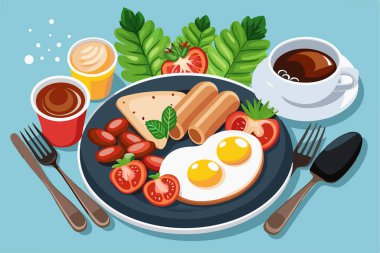 Kahvaltı vektörü illüstrasyonu. Komik kahvaltı.