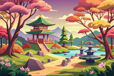 Adadaki Japon tapınağı / Tapınağı / Isometric Japonya