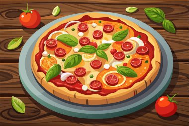 Domates ve soğanlı pizza yaratıcı vektör illüstrasyonu