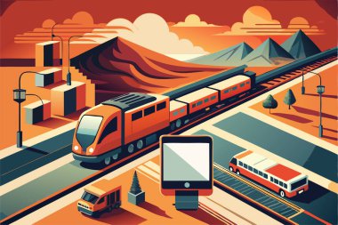 Yükselen trenle şehirde trafik var.