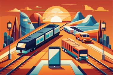 Yükselen trenle şehirde trafik var.