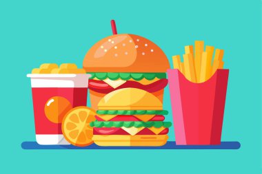 Hamburgerin vektör çizimi, patates kızartması ve içecek.