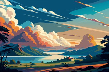 Lake view vektör illüstrasyon akşamı