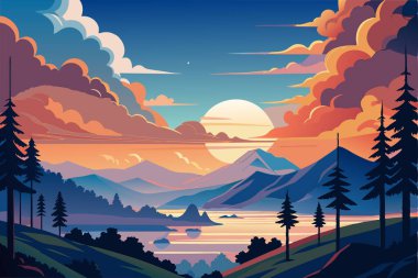 Lake view vektör illüstrasyon akşamı