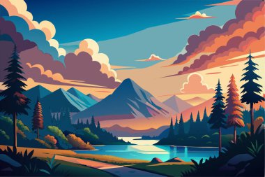 Lake view vektör illüstrasyon akşamı