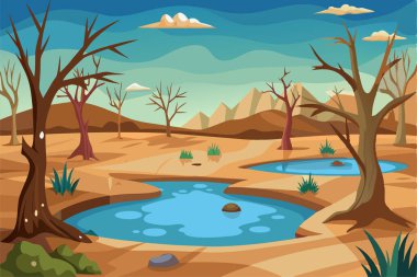 Arid landscape with a small pool of water. clipart