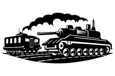 Powerful steam train silhouette on railroad tracks clipart