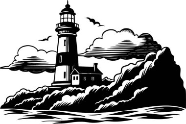 Powerful Lighthouse Silhouette Against Dramatic Stormy Clouds clipart