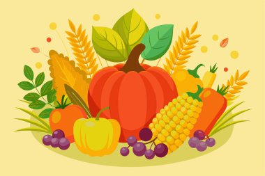 Colorful Autumn Harvest Display of Pumpkins, Corn, and Fruits clipart