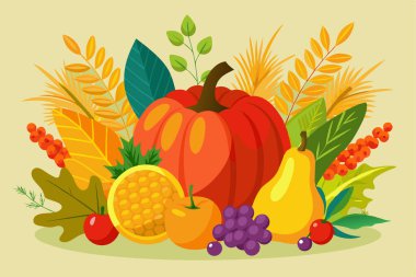 Colorful Autumn Harvest Display of Pumpkins, Corn, and Fruits clipart