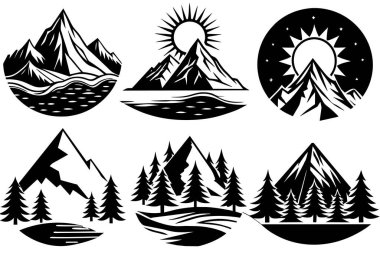 Collection of Black and White Mountain Silhouettes clipart