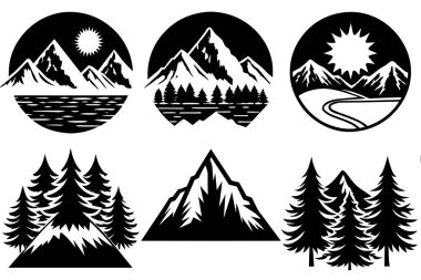 Collection of Black and White Mountain Silhouettes clipart