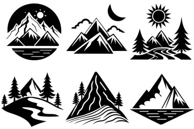 Collection of Black and White Mountain Silhouettes clipart