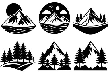 Collection of Black and White Mountain Silhouettes clipart