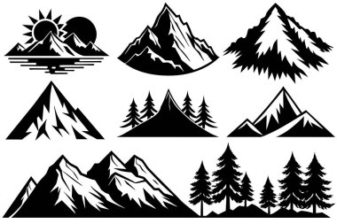 Collection of Black and White Mountain Silhouettes clipart