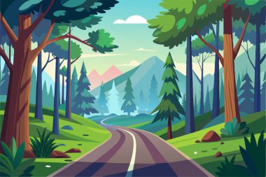 Colorful cartoon landscape with winding road through a lush forest and mountains clipart