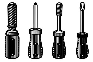 Four Different Screwdrivers in a Classic Illustration Style clipart