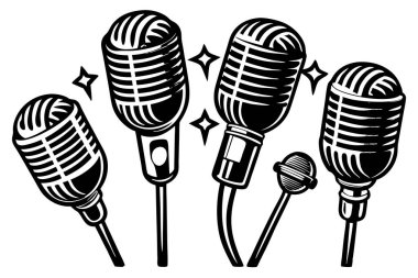 Vintage Microphone Collection in Black and White clipart