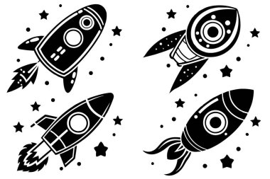 Four Cute Black and White Rocket Ships Ready for Launch clipart