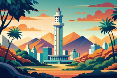 Colorful illustration of a mountain landscape with a prominent tower. clipart