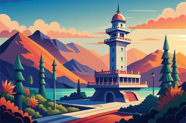 Colorful illustration of a mountain landscape with a prominent tower. clipart