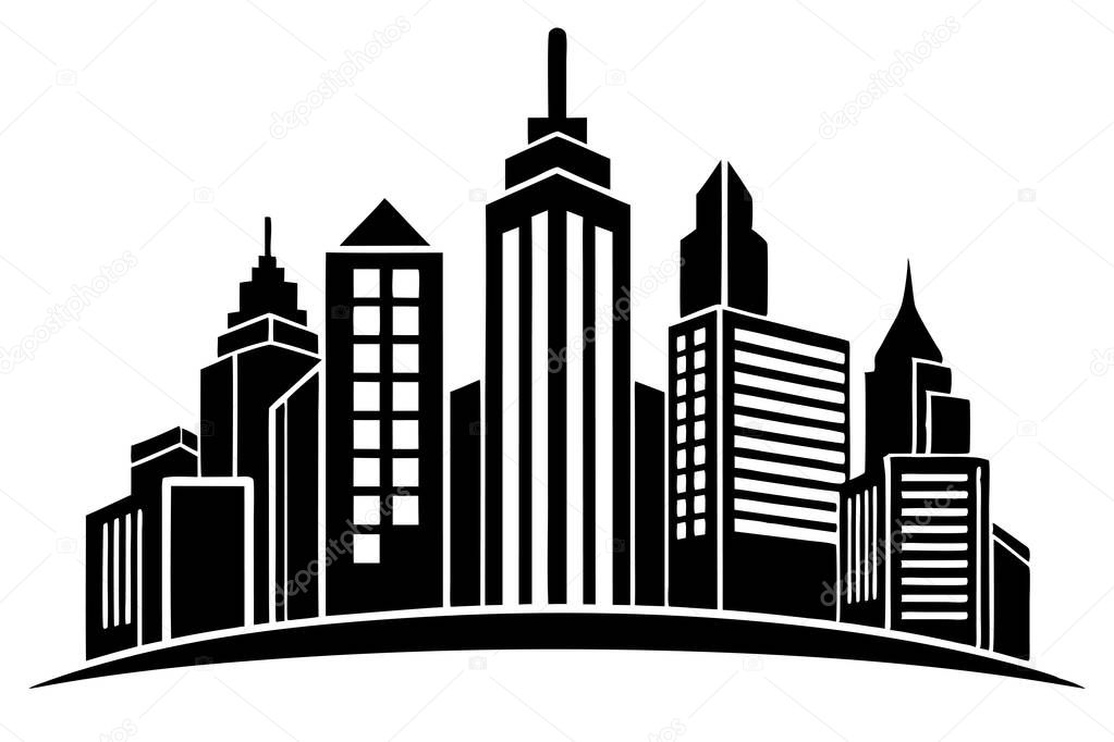 Simple black and white cityscape silhouette.
