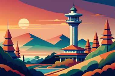 Colorful illustration of a mountain landscape with a prominent tower. clipart