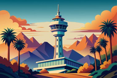 Colorful illustration of a mountain landscape with a prominent tower. clipart