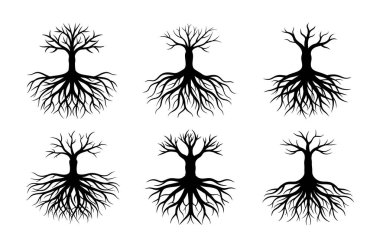 Vector Illustration of Four Simple Black and White Tree Root Systems clipart