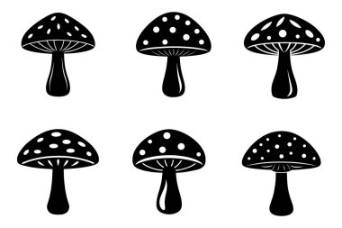 Six Black and White Mushroom Silhouettes clipart