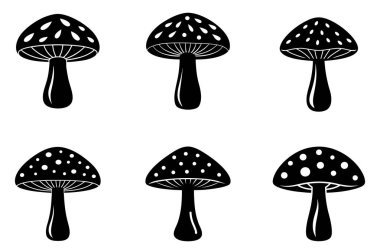 Six Black and White Mushroom Silhouettes clipart