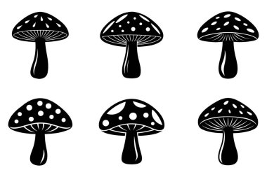 Six Black and White Mushroom Silhouettes clipart