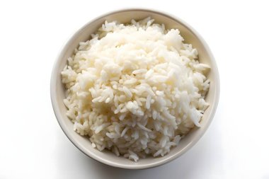 Bir kase kabarık beyaz pirinç, yemek fotoğrafçılığı için mükemmel..